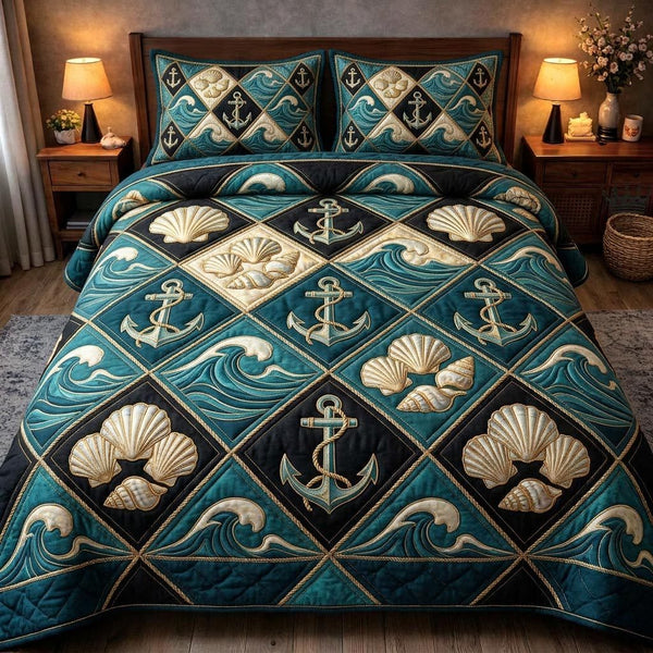 Ocean Treasure quilted 3-piece bedding set on a made bed in a light coastal bedroom