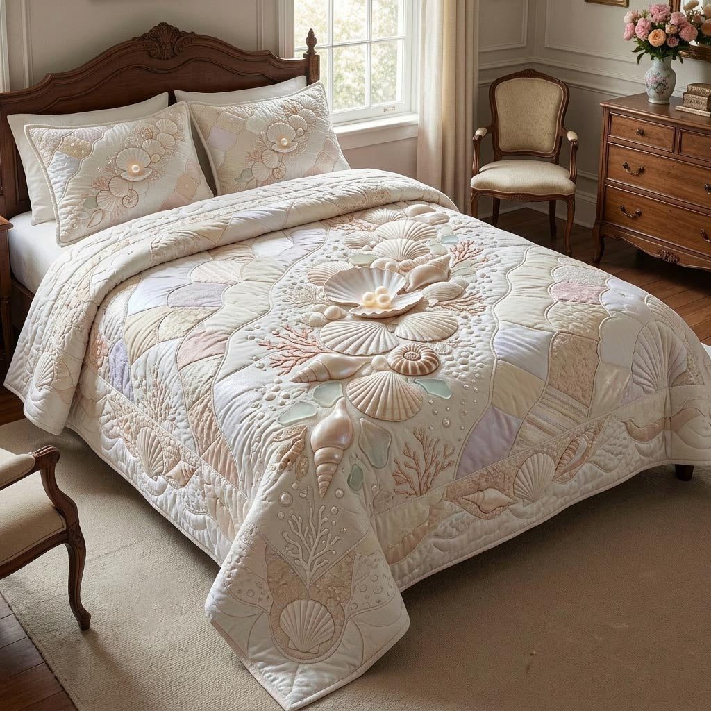 Ocean Treasures quilted 3-piece bedding set on a made bed in a light coastal bedroom