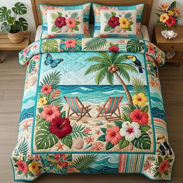 Ocean Treasures quilted 3-piece bedding set on a made bed in a light coastal bedroom