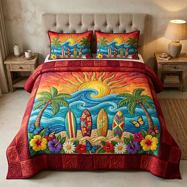 Ocean Tropic quilted 3-piece bedding set on a made bed in a light coastal bedroom