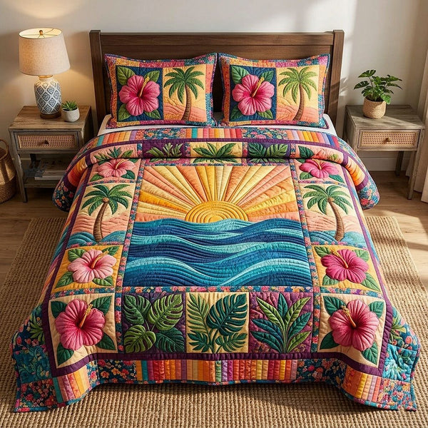 Ocean Tropic quilted 3-piece bedding set on a made bed in a light coastal bedroom