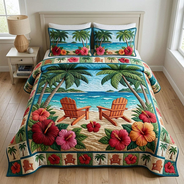 Ocean Tropic quilted 3-piece bedding set on a made bed in a light coastal bedroom