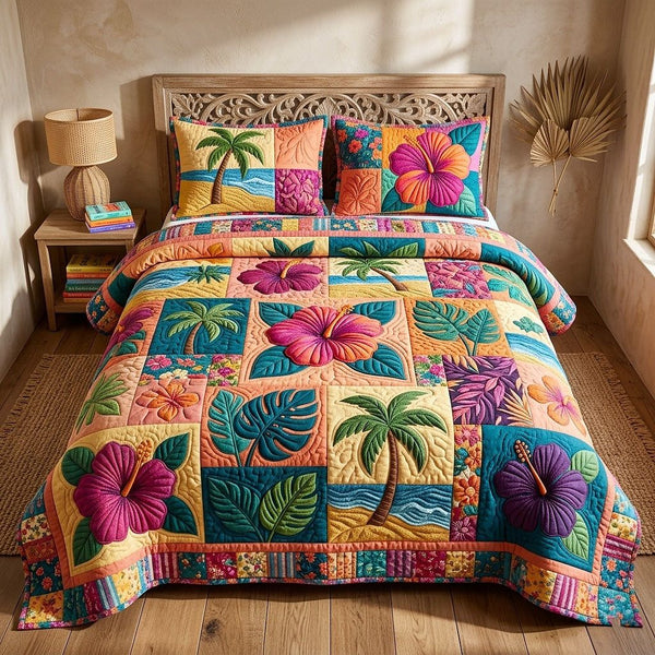 Ocean Tropic quilted 3-piece bedding set on a made bed in a light coastal bedroom