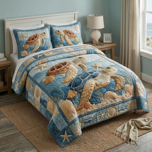 Ocean Turtle Calm quilted 3-piece bedding set on a made bed in a light coastal bedroom