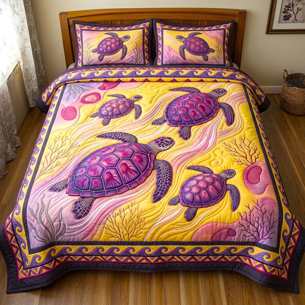 Ocean Turtle quilted 3-piece bedding set on a made bed in a light coastal bedroom