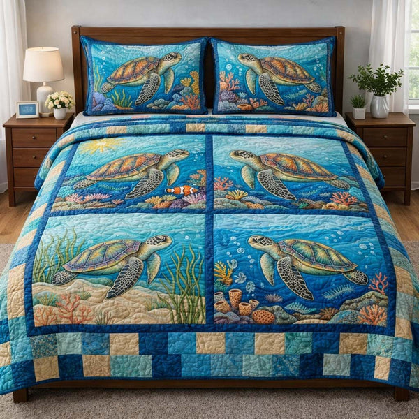 Ocean Turtle quilted 3-piece bedding set on a made bed in a light coastal bedroom