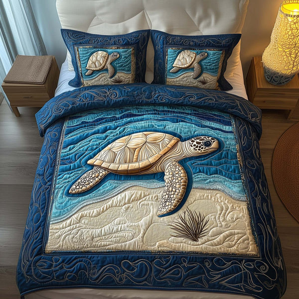 Ocean Turtle quilted 3-piece bedding set on a made bed in a light coastal bedroom