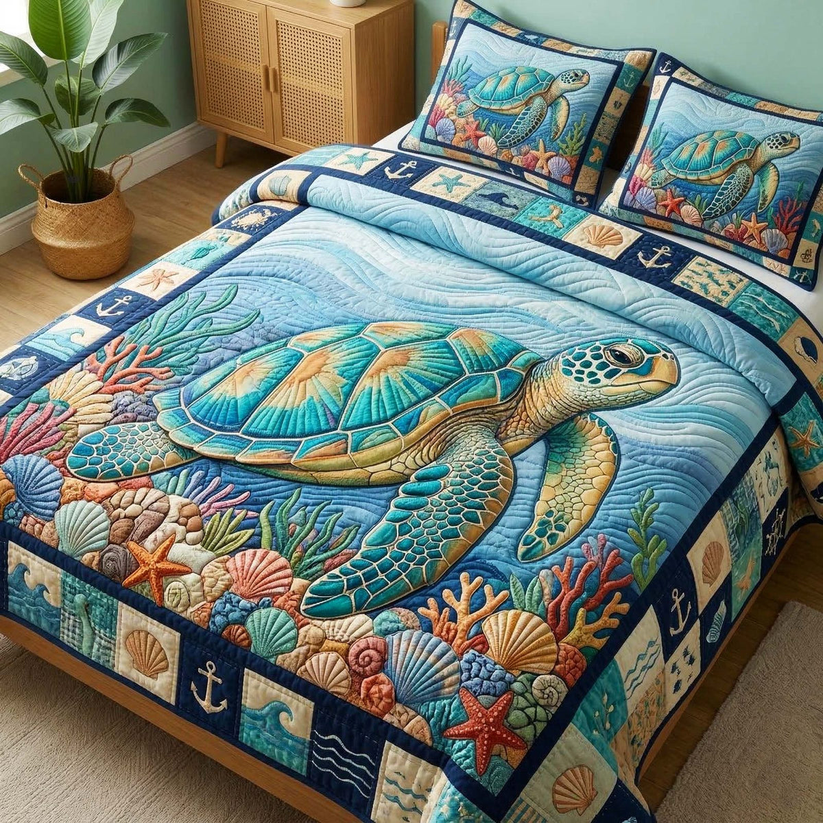 Ocean Turtle quilted 3-piece bedding set on a made bed in a light coastal bedroom
