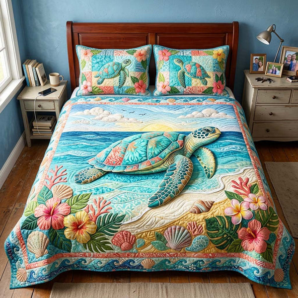 Ocean Turtle quilted 3-piece bedding set on a made bed in a light coastal bedroom