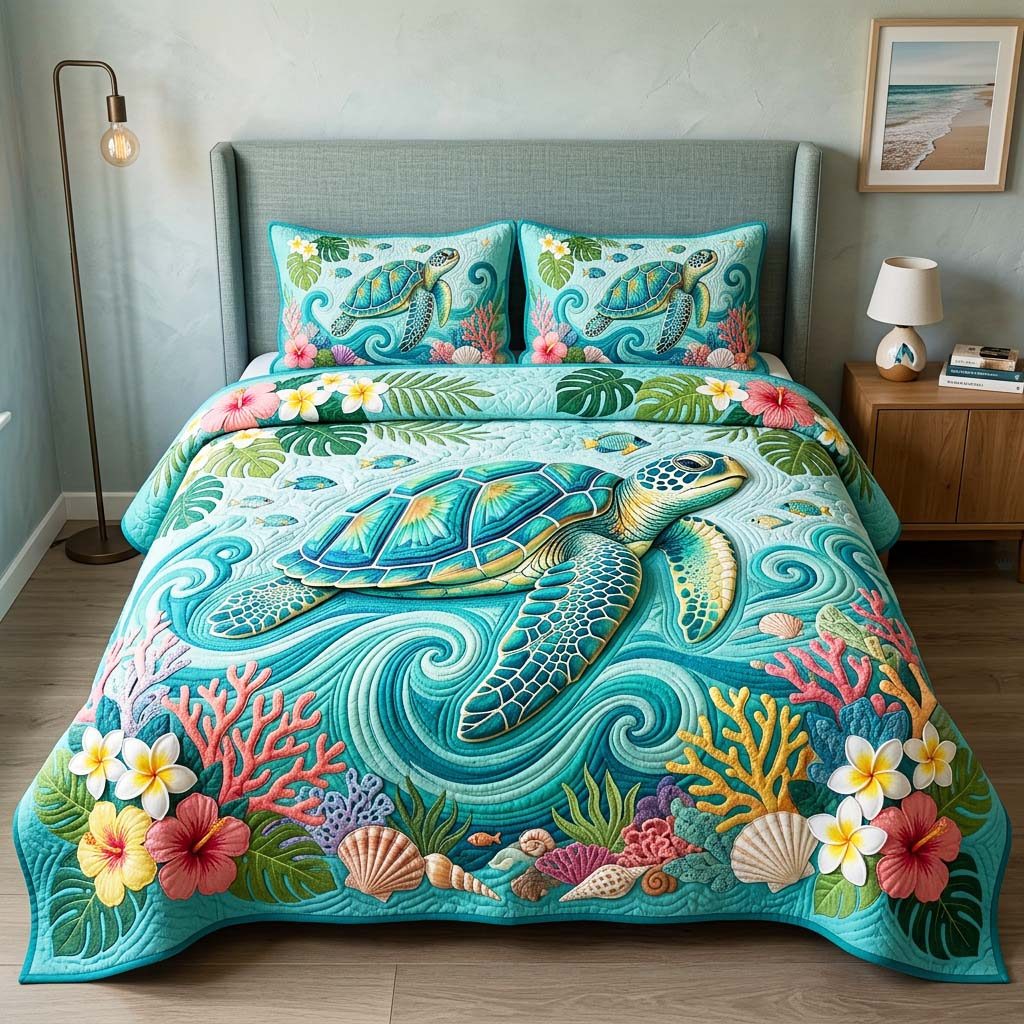 Ocean Turtle quilted 3-piece bedding set on a made bed in a light coastal bedroom