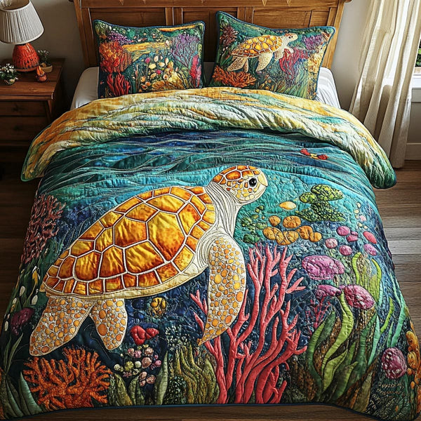 Ocean Turtle quilted 3-piece bedding set on a made bed in a light coastal bedroom