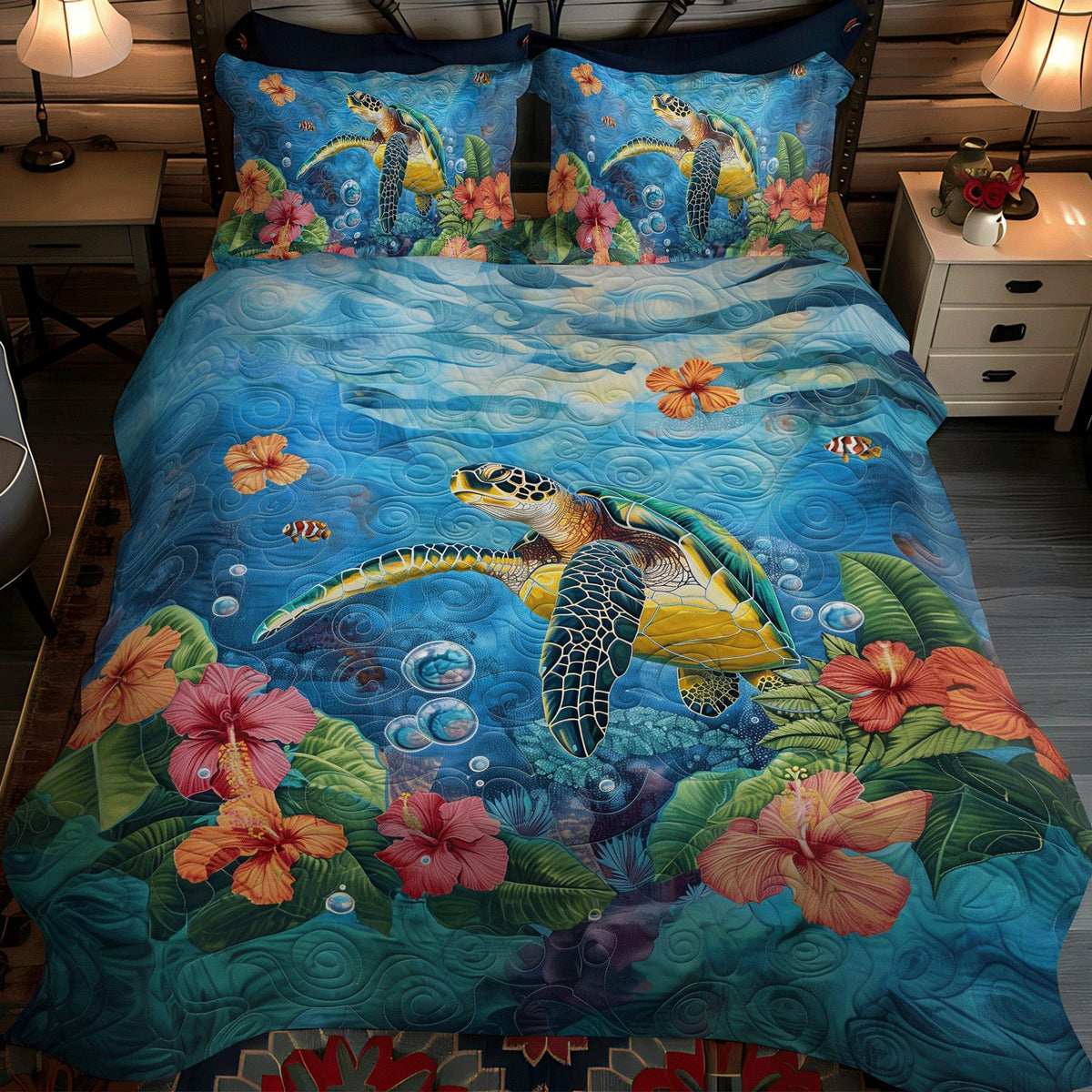 Ocean Turtle quilted 3-piece bedding set on a made bed in a light coastal bedroom