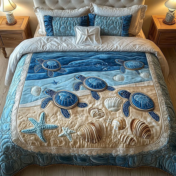 Ocean Turtles quilted 3-piece bedding set on a made bed in a light coastal bedroom