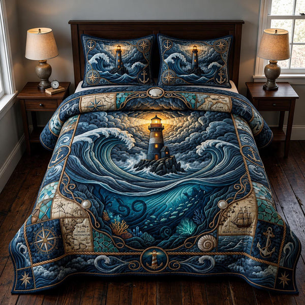 Ocean Voyage quilted 3-piece bedding set on a made bed in a light coastal bedroom