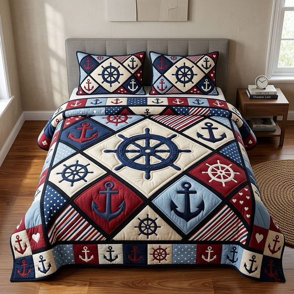 Ocean Voyage quilted 3-piece bedding set on a made bed in a light coastal bedroom