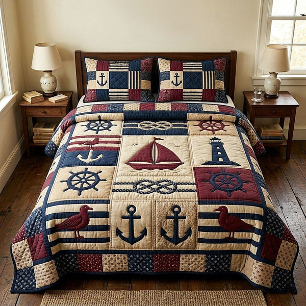 Ocean Voyage quilted 3-piece bedding set on a made bed in a light coastal bedroom