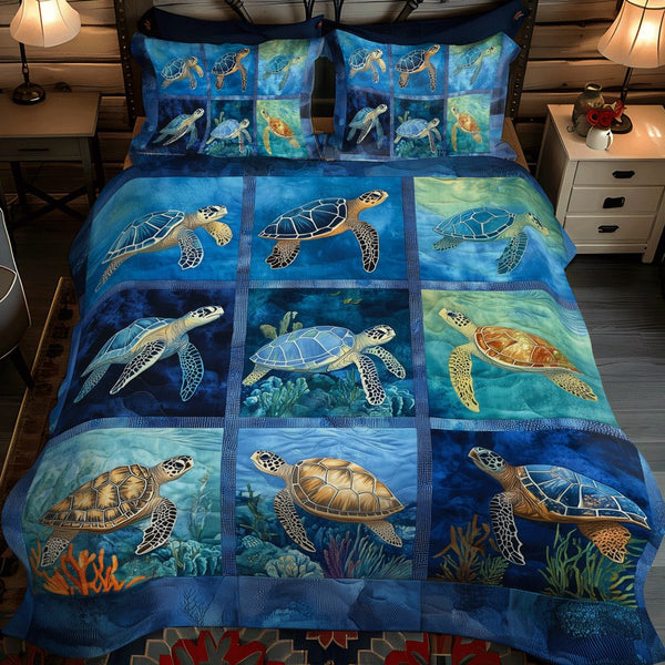 Ocean Voyage quilted 3-piece bedding set on a made bed in a light coastal bedroom