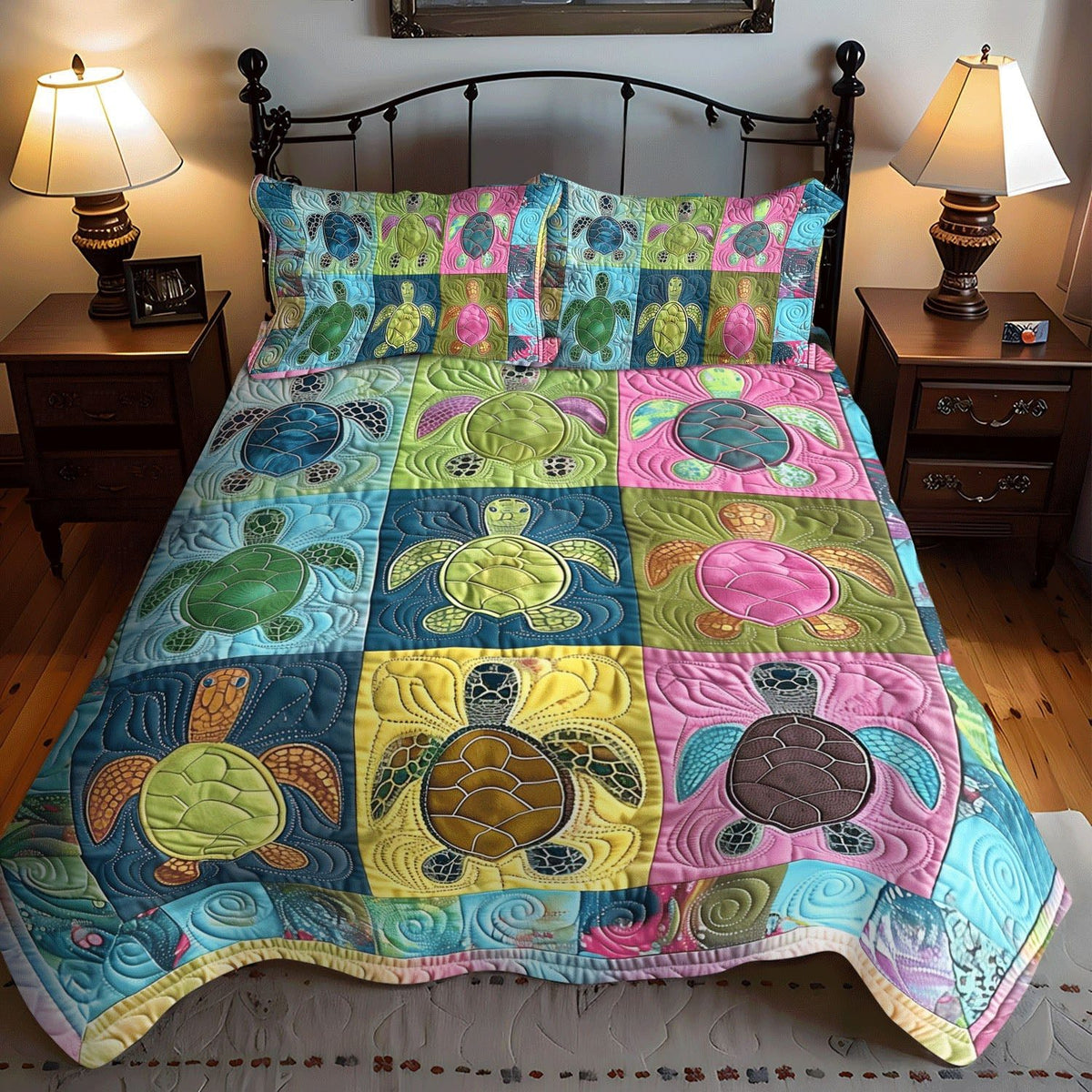 Ocean Voyage quilted 3-piece bedding set on a made bed in a light coastal bedroom