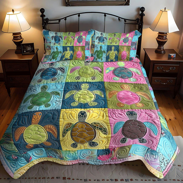 Ocean Voyage quilted 3-piece bedding set on a made bed in a light coastal bedroom