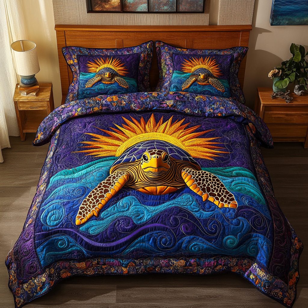 Ocean Voyager quilted 3-piece bedding set on a made bed in a light coastal bedroom