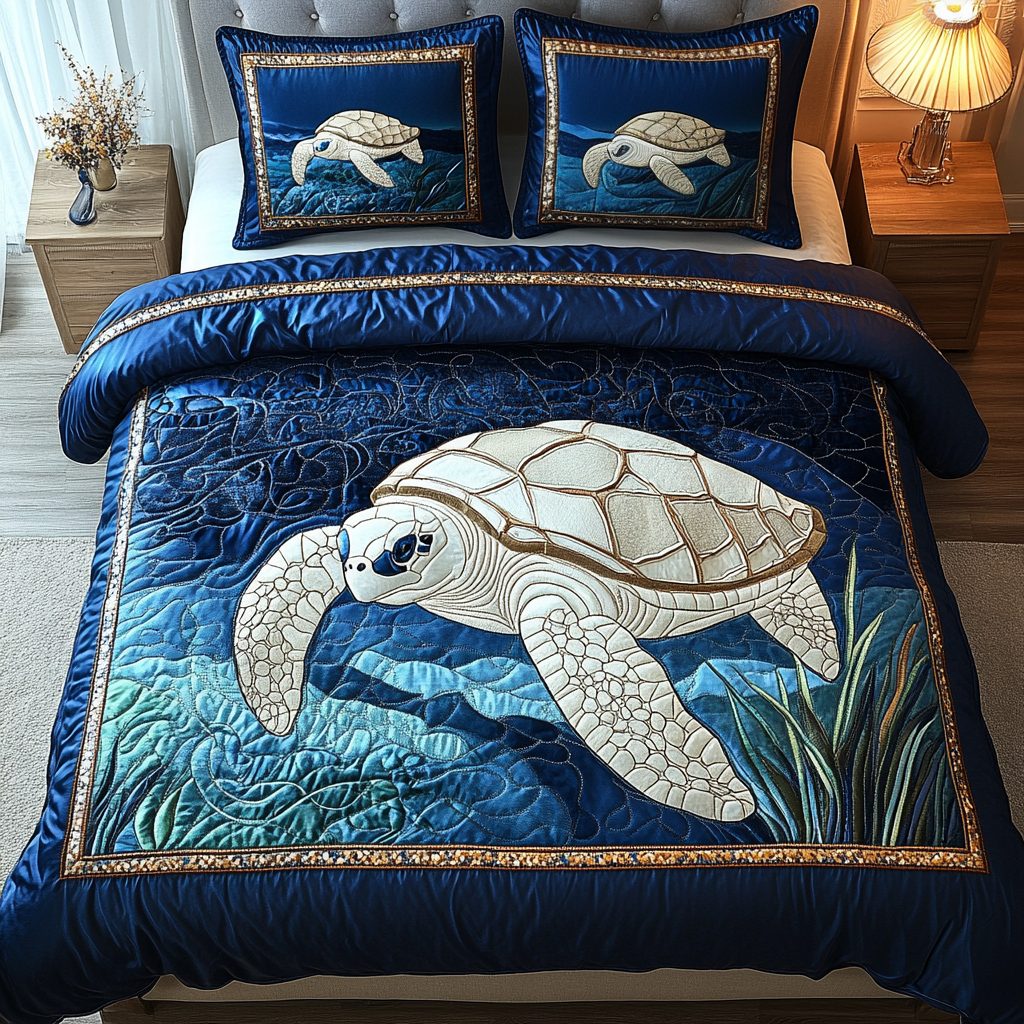 Ocean Voyager quilted 3-piece bedding set on a made bed in a light coastal bedroom