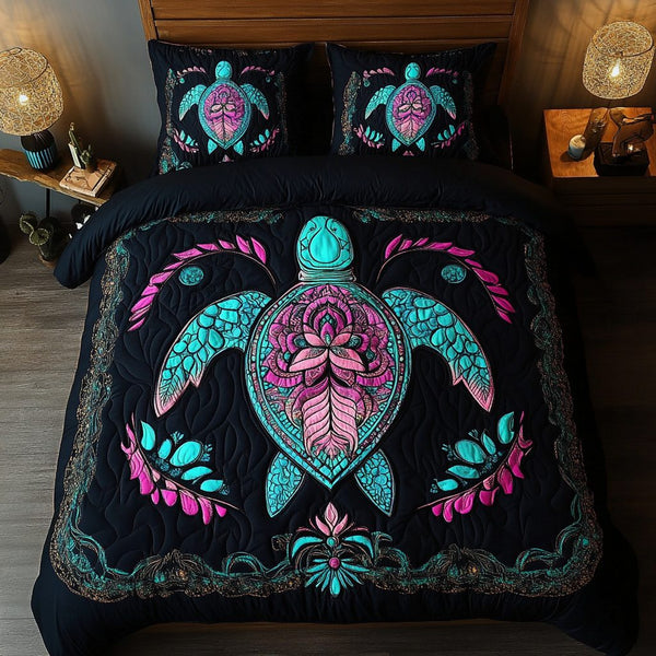 Ocean Voyager quilted 3-piece bedding set on a made bed in a light coastal bedroom