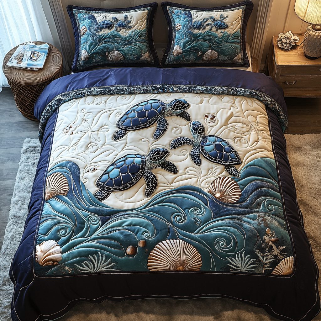 Ocean Voyager quilted 3-piece bedding set on a made bed in a light coastal bedroom