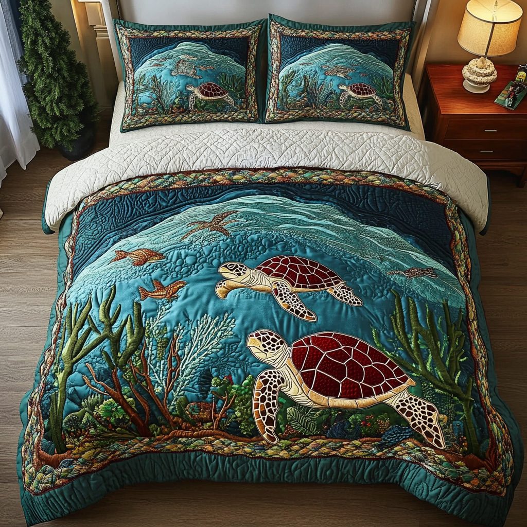 Ocean Wanderer quilted 3-piece bedding set on a made bed in a light coastal bedroom