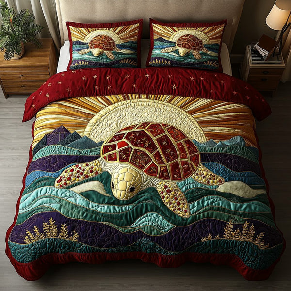 Ocean Wanderer quilted 3-piece bedding set on a made bed in a light coastal bedroom