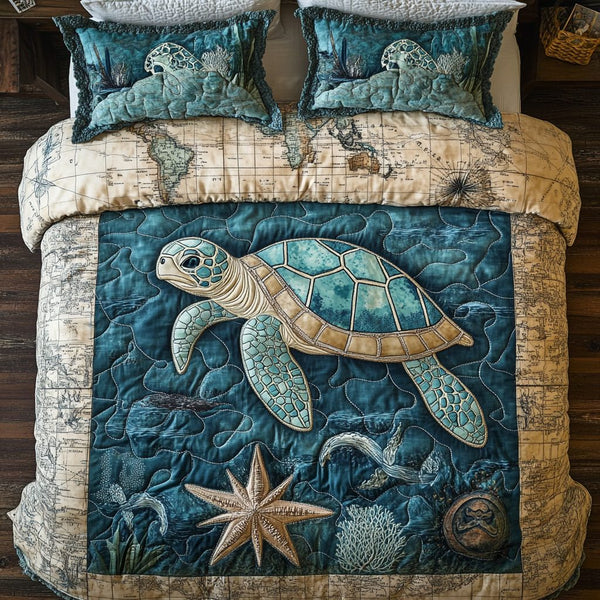 Ocean Wanderer quilted 3-piece bedding set on a made bed in a light coastal bedroom