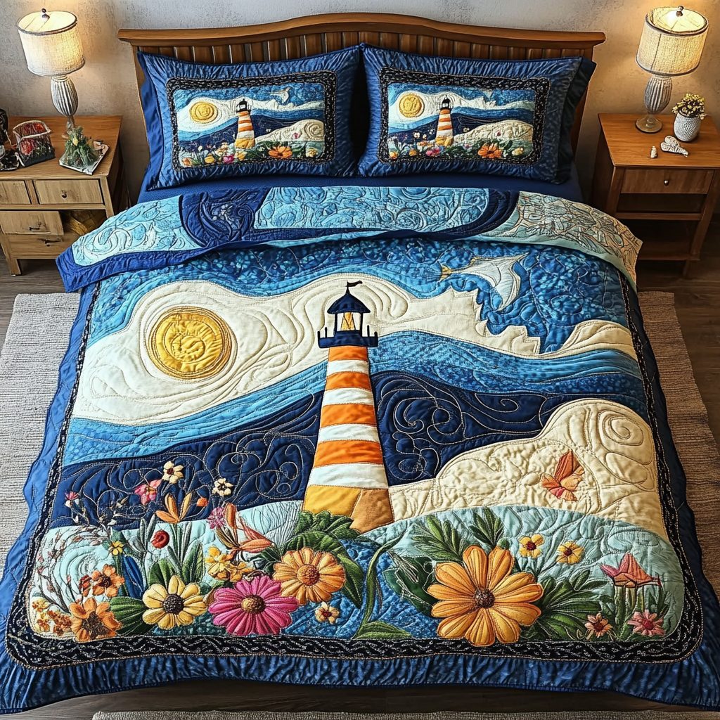 Ocean Watch quilted 3-piece bedding set on a made bed in a light coastal bedroom