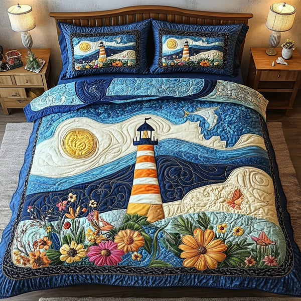 Ocean Watch quilted 3-piece bedding set on a made bed in a light coastal bedroom