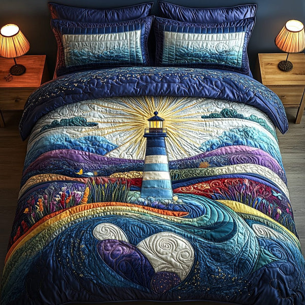 Ocean Watch quilted 3-piece bedding set on a made bed in a light coastal bedroom