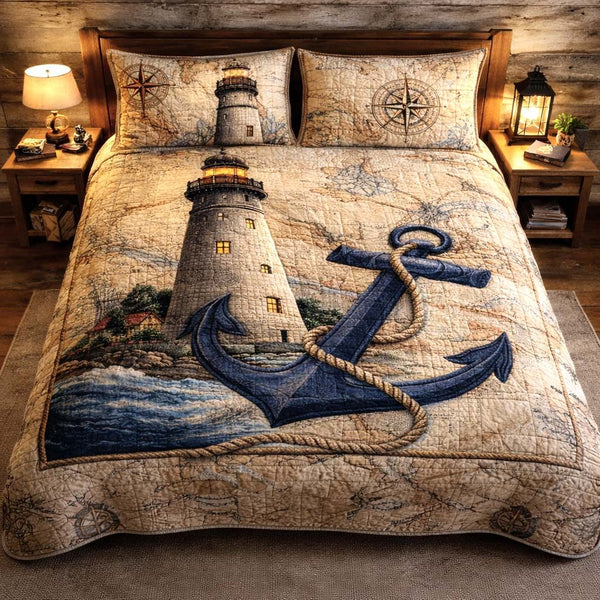 Ocean Watchtower quilted 3-piece bedding set on a made bed in a light coastal bedroom