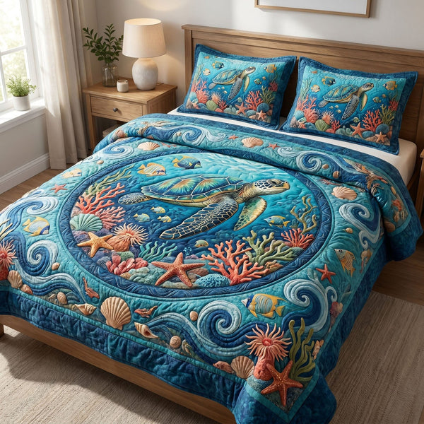 Ocean Wave quilted 3-piece bedding set on a made bed in a light coastal bedroom