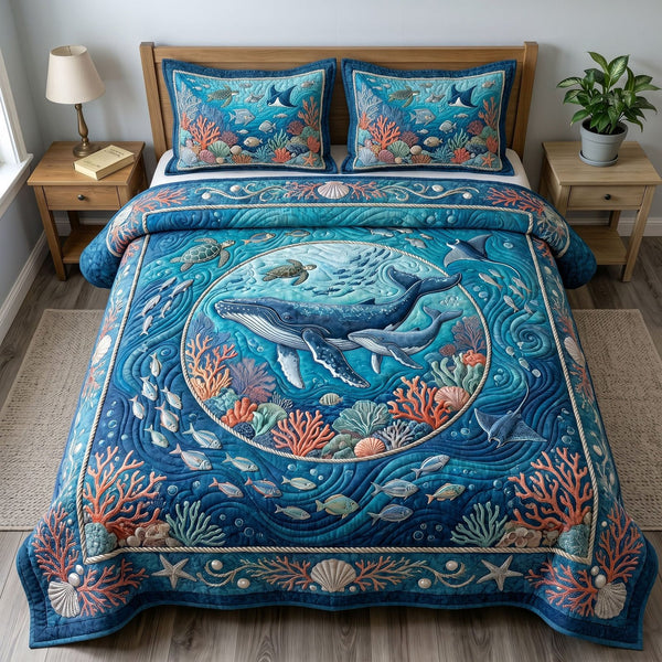 Ocean Wave quilted 3-piece bedding set on a made bed in a light coastal bedroom