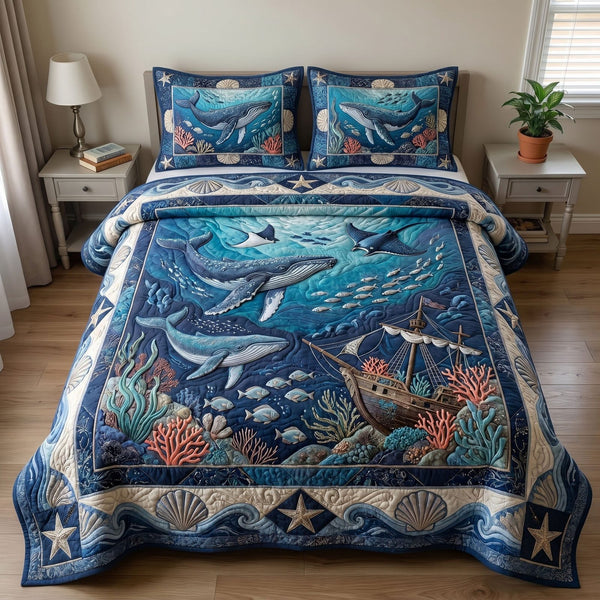Ocean Wave quilted 3-piece bedding set on a made bed in a light coastal bedroom