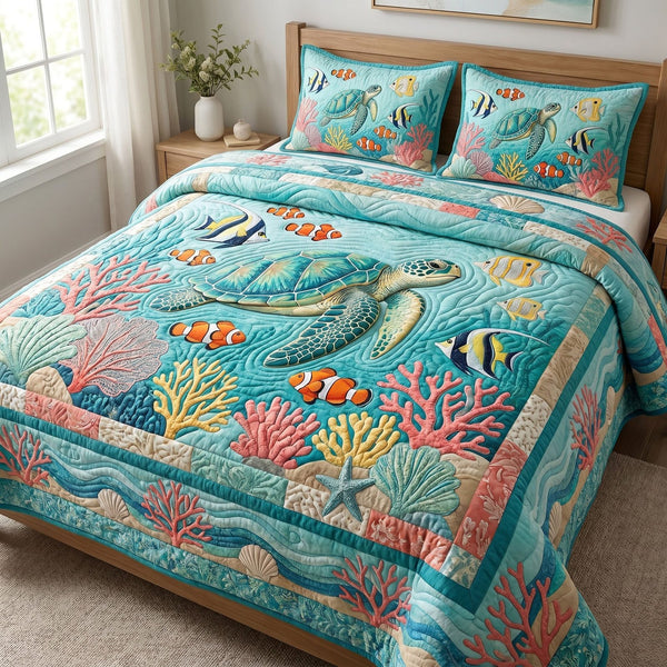 Ocean Wave quilted 3-piece bedding set on a made bed in a light coastal bedroom