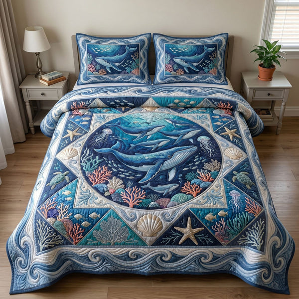 Ocean Wave quilted 3-piece bedding set on a made bed in a light coastal bedroom