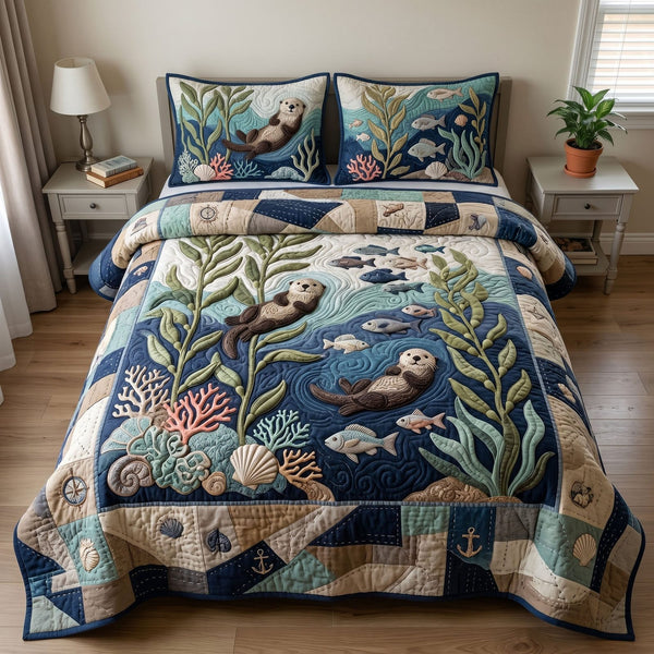 Ocean Wave quilted 3-piece bedding set on a made bed in a light coastal bedroom