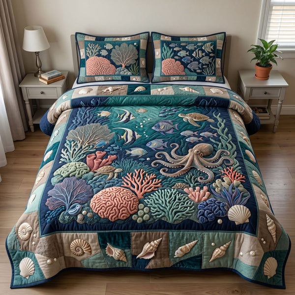 Ocean Wave quilted 3-piece bedding set on a made bed in a light coastal bedroom