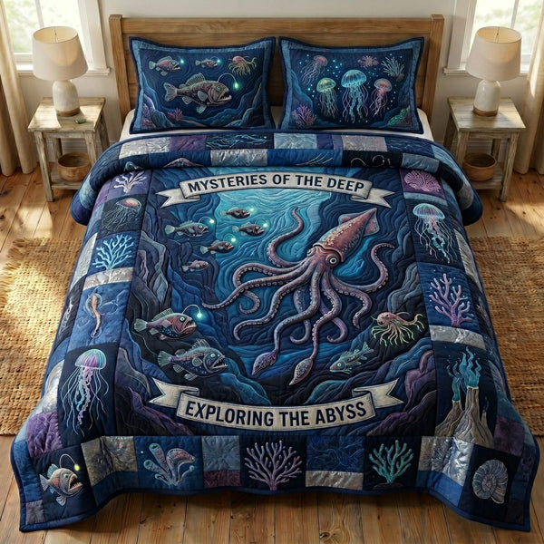 Ocean Wave quilted 3-piece bedding set on a made bed in a light coastal bedroom