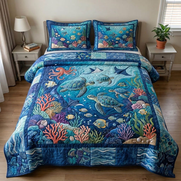 Ocean Wave quilted 3-piece bedding set on a made bed in a light coastal bedroom