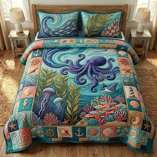 Ocean Wave quilted 3-piece bedding set on a made bed in a light coastal bedroom