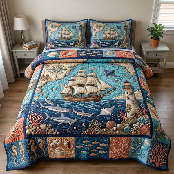 Ocean Wave quilted 3-piece bedding set on a made bed in a light coastal bedroom