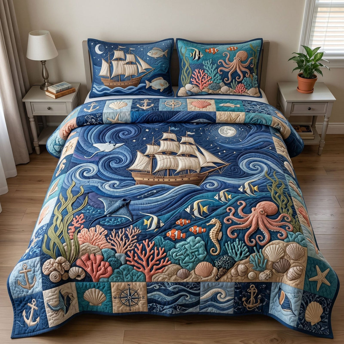 Ocean Wave quilted 3-piece bedding set on a made bed in a light coastal bedroom
