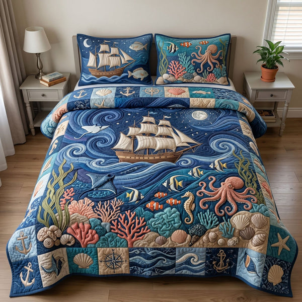 Ocean Wave quilted 3-piece bedding set on a made bed in a light coastal bedroom
