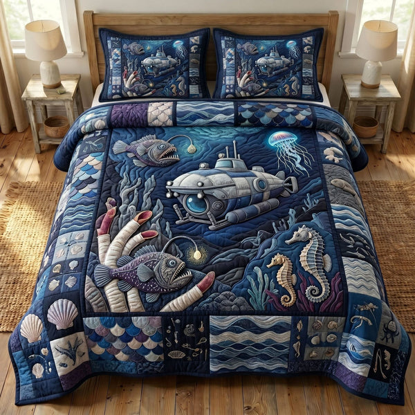 Ocean Wave quilted 3-piece bedding set on a made bed in a light coastal bedroom