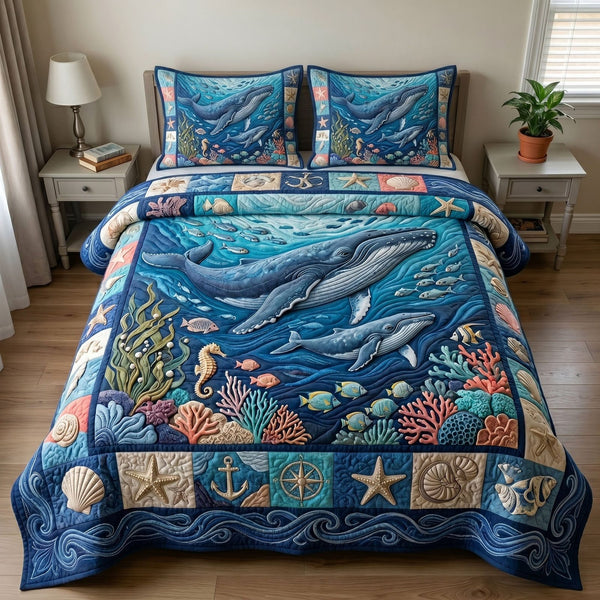 Ocean Wave quilted 3-piece bedding set on a made bed in a light coastal bedroom