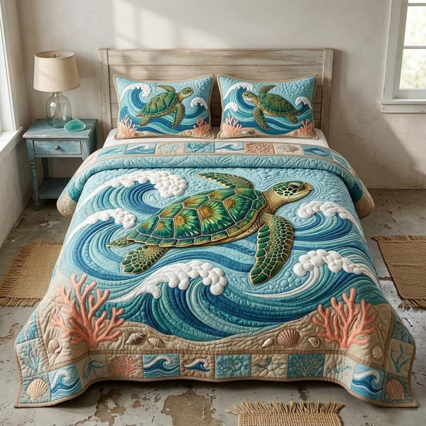 Ocean Wave Turtle quilted 3-piece bedding set on a made bed in a light coastal bedroom